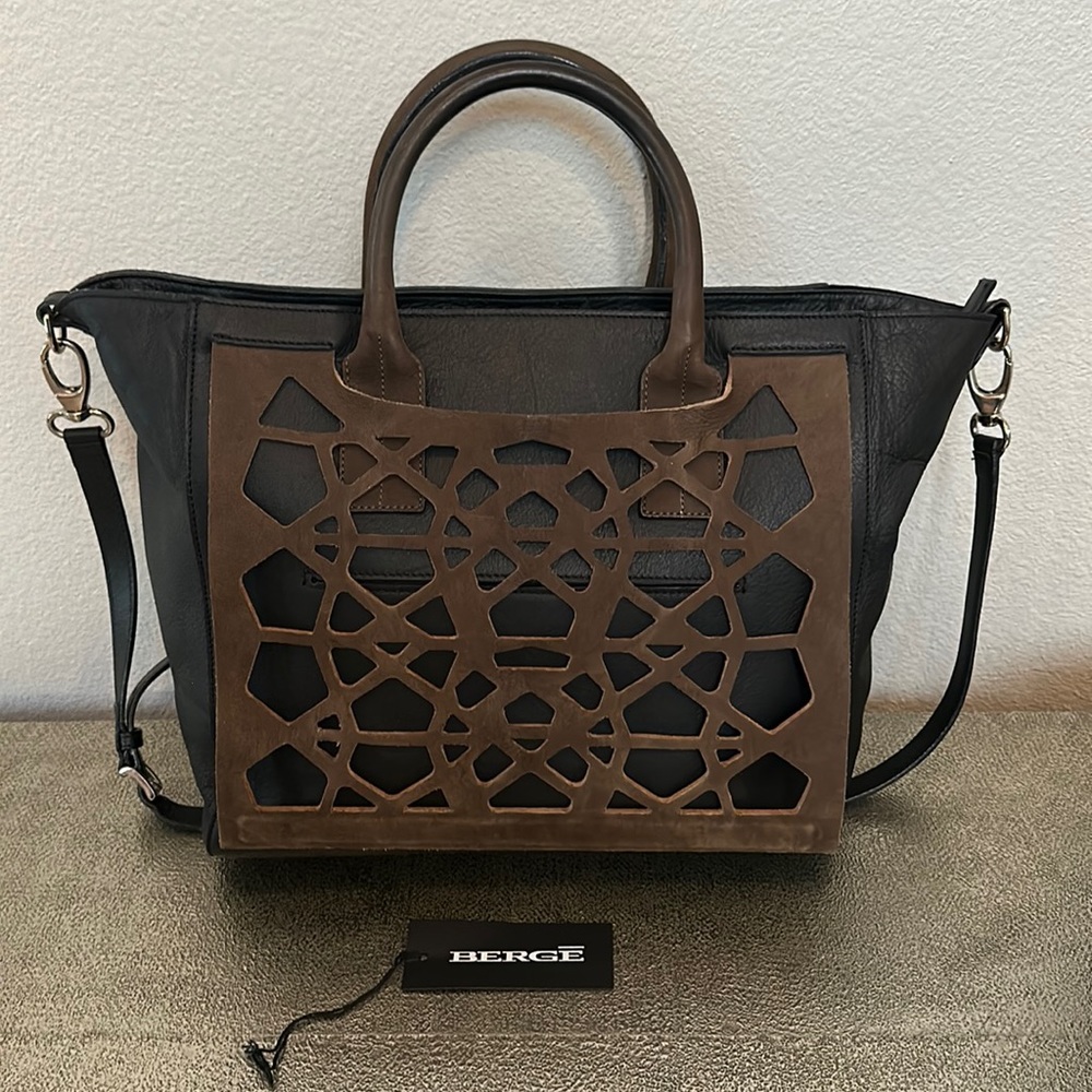 Berge Office/Laptop Leather bag, Black with gray/brownish laser cutout front